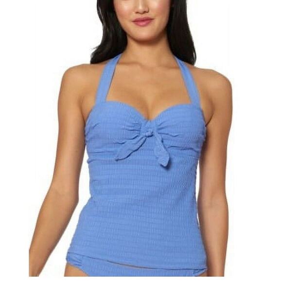 Jessica Simpson Shadow Smocked Push-up Swim Halter Tankini Top Blue Size Large - Picture 1 of 11